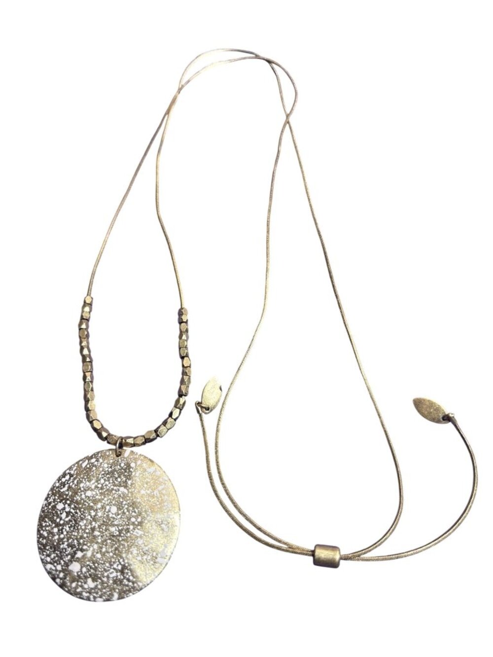 Goldtone White Speckled Hammered Pendant Necklace Beaded Serpentine Adjustable